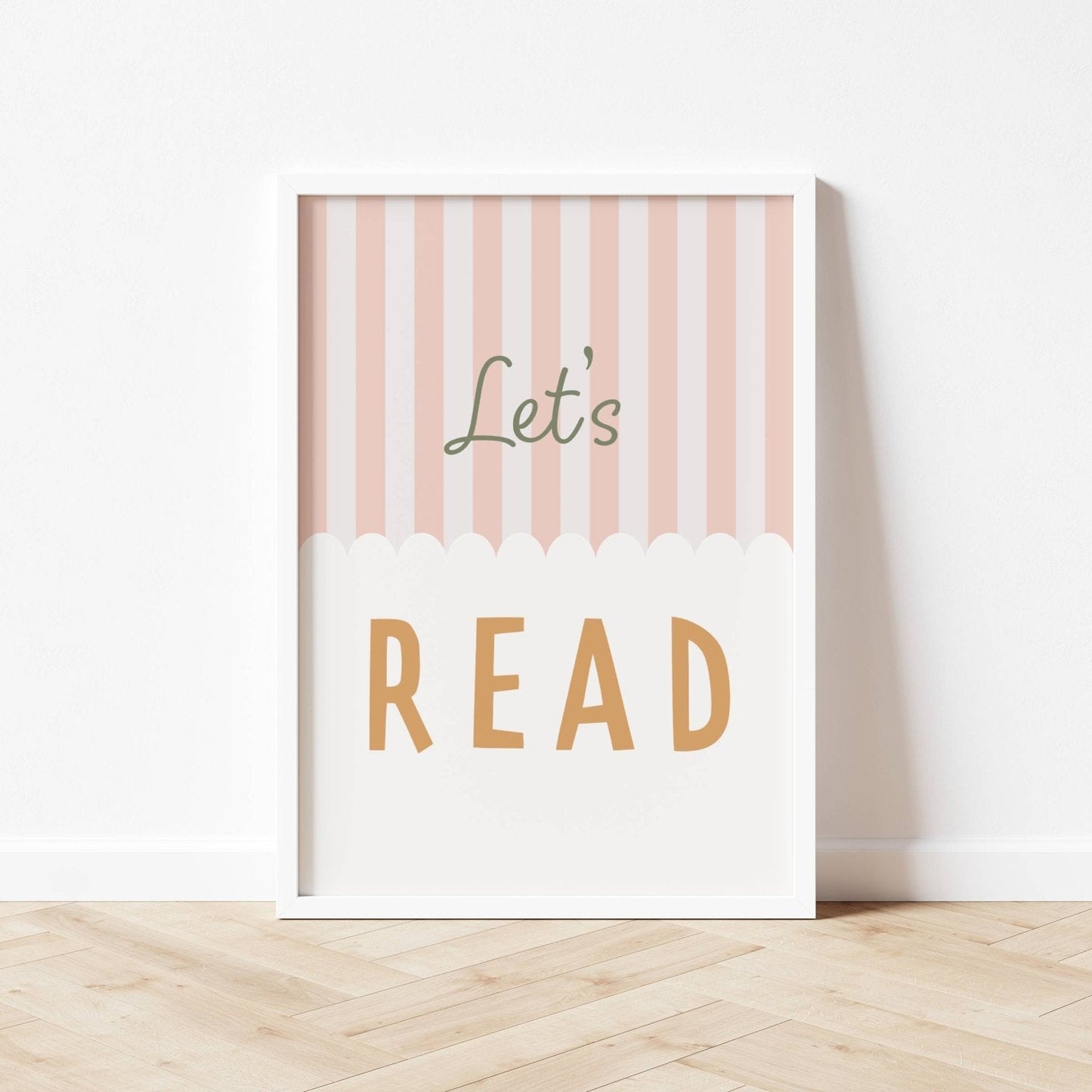 Framed poster with 'Let's Read' text on a striped background