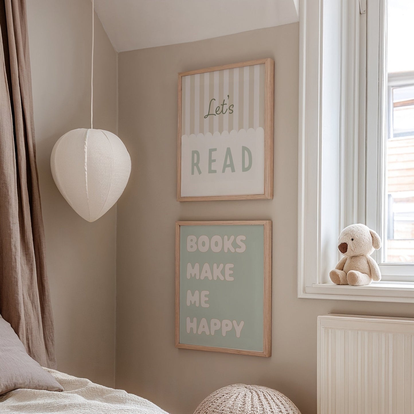 Children's room with framed quotes and a teddy bear by a window