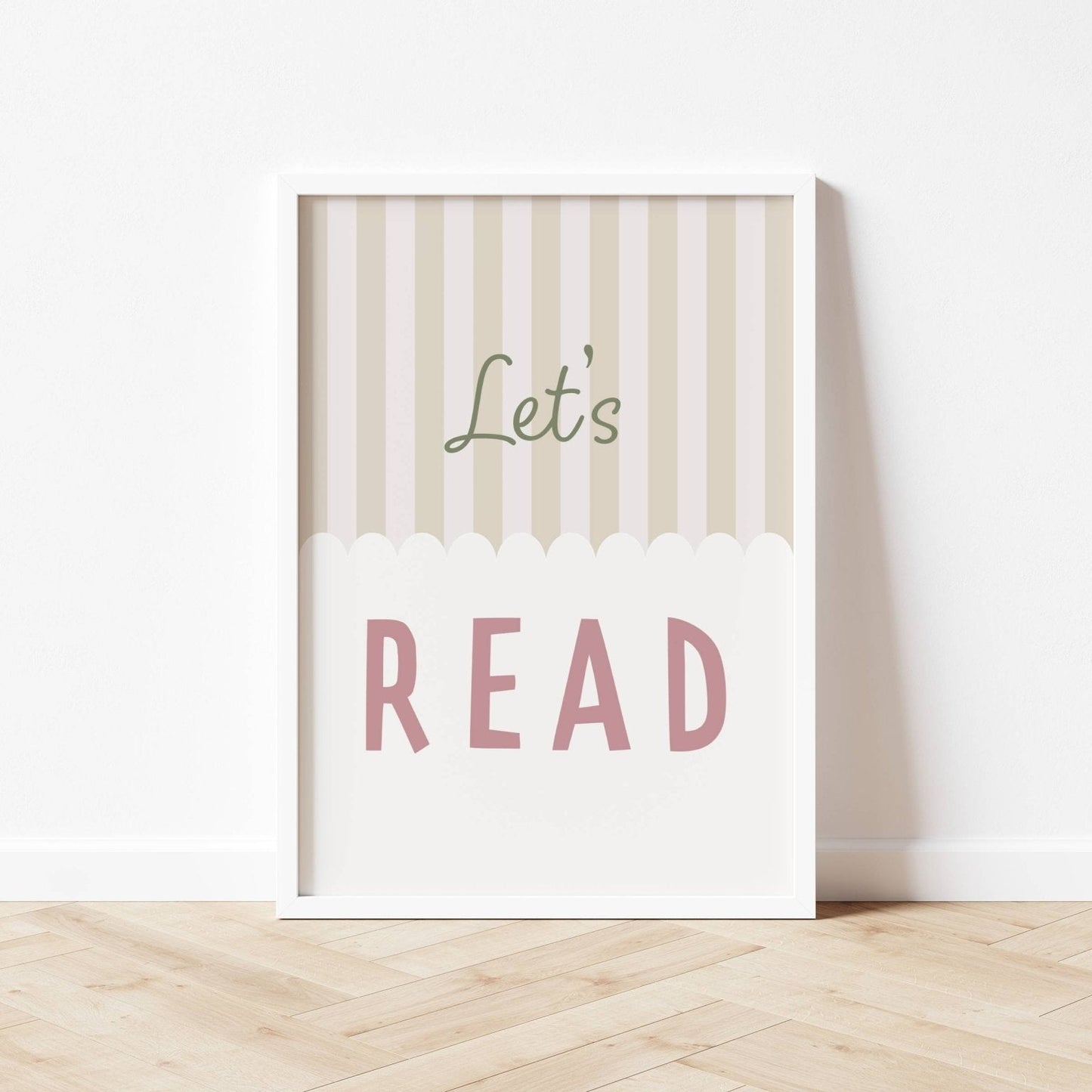 Framed poster with 'Let's Read' text on a striped background