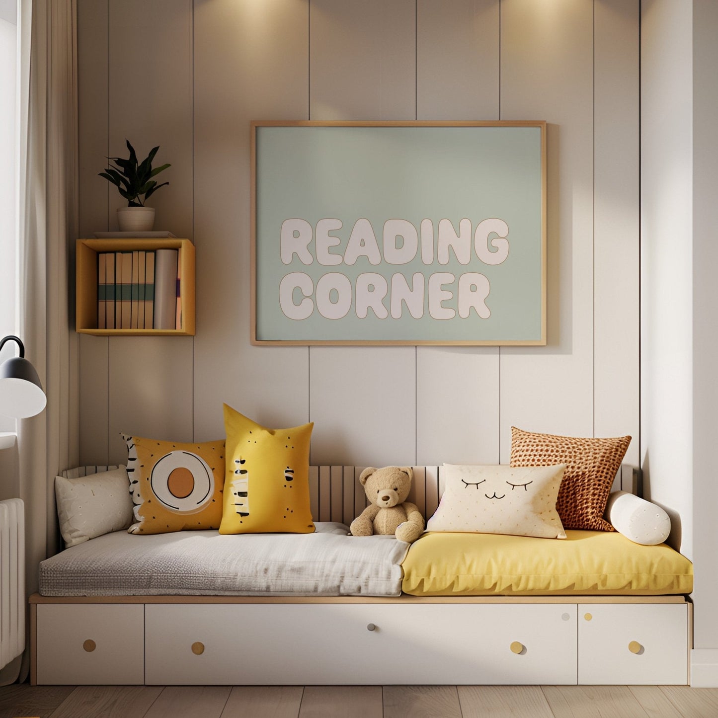 Children's reading nook with cushions, a teddy bear, and a 'Reading Corner' sign.