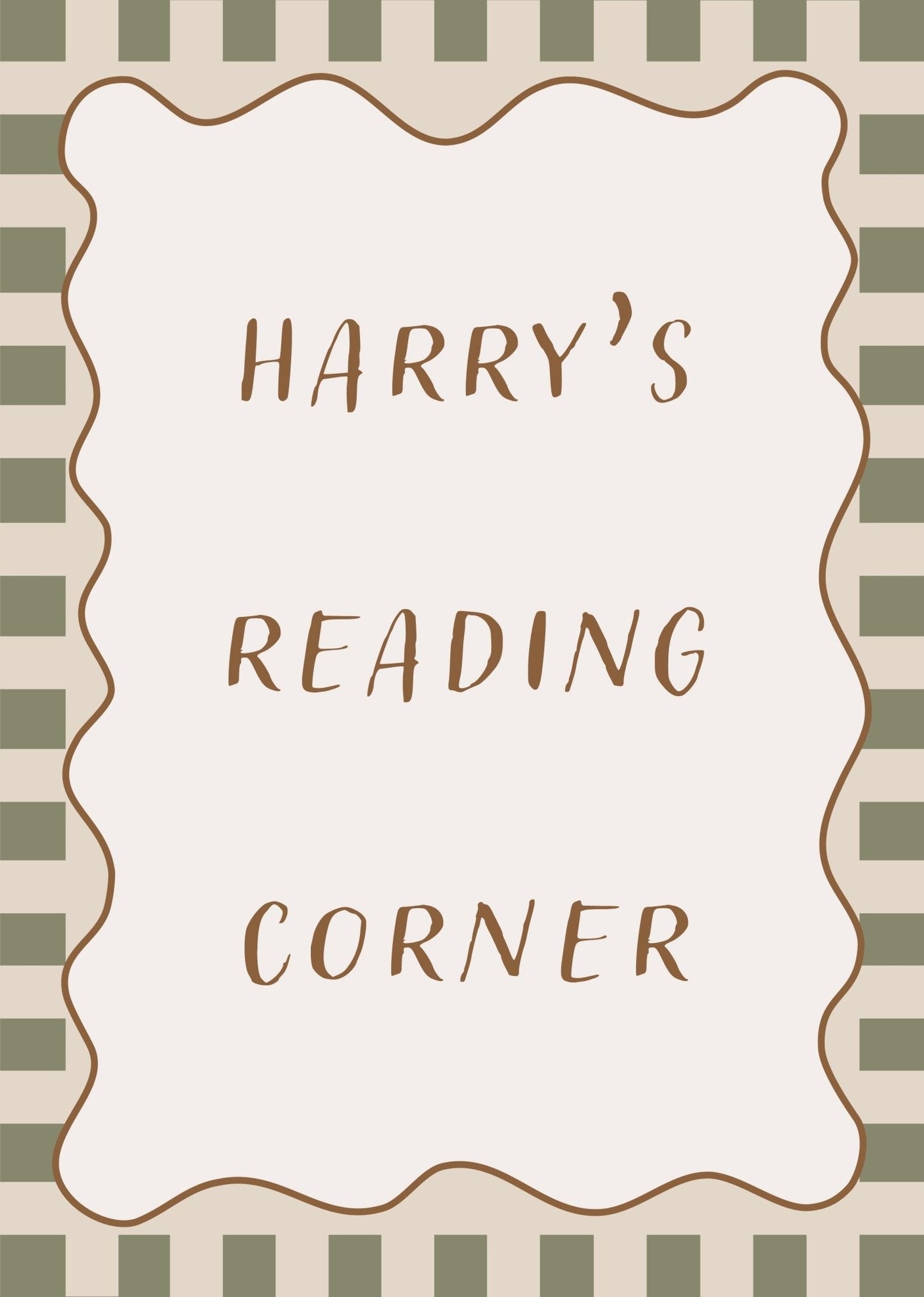 Decorative sign with 'Harry's Reading Corner' text on a striped background