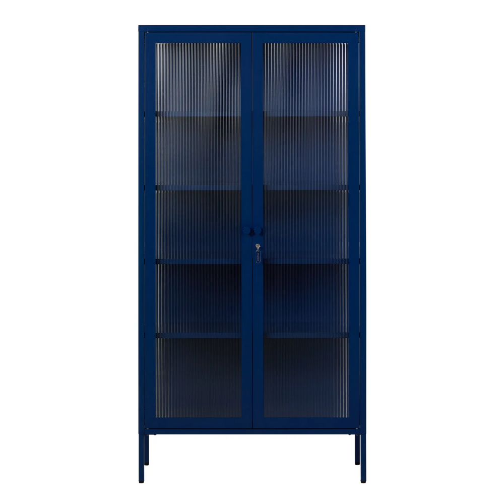 Navy cabinet with glass panels on a white background