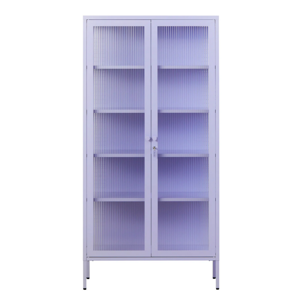 Lilac cabinet with glass panels on a white background