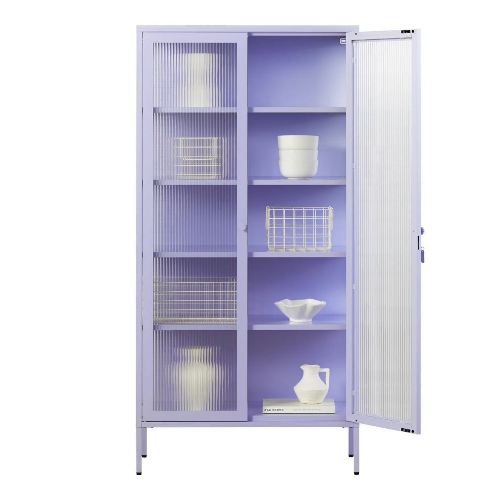 Lilac cabinet with glass panels on a white background