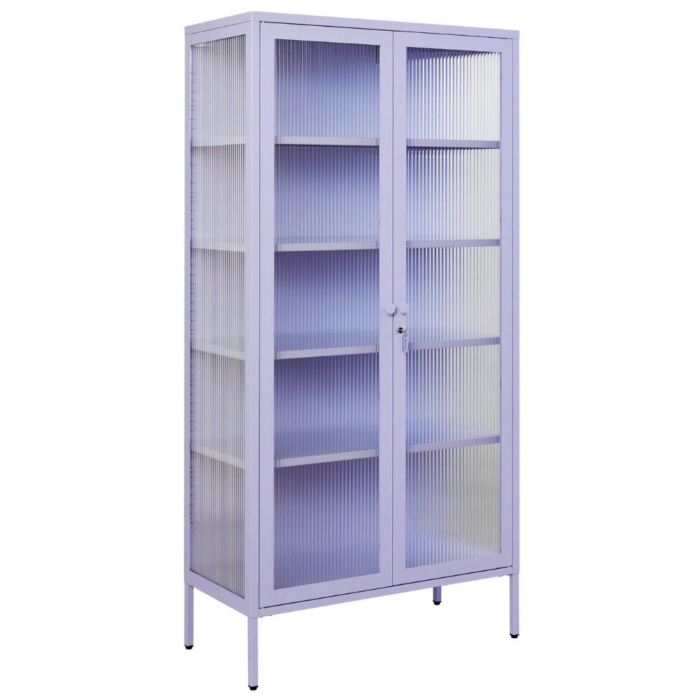 Lilac cabinet with glass panels on a white background