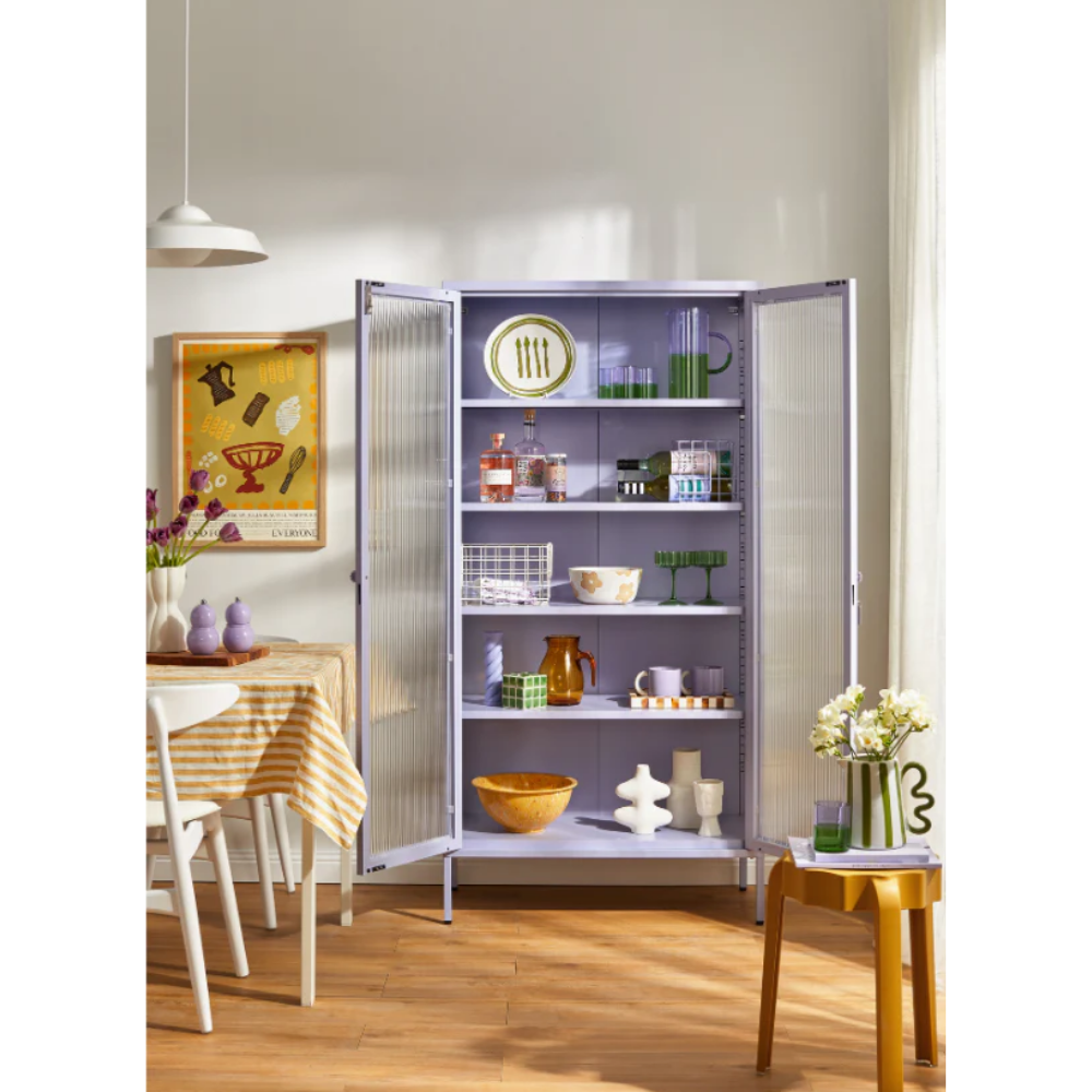 Purple cabinet opened glass door panels