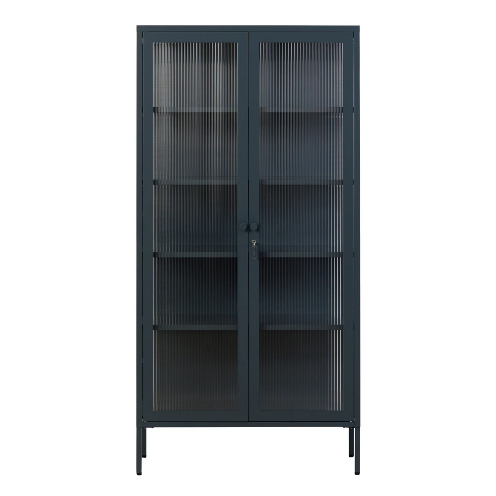 Navy cabinet with glass panels on a white background