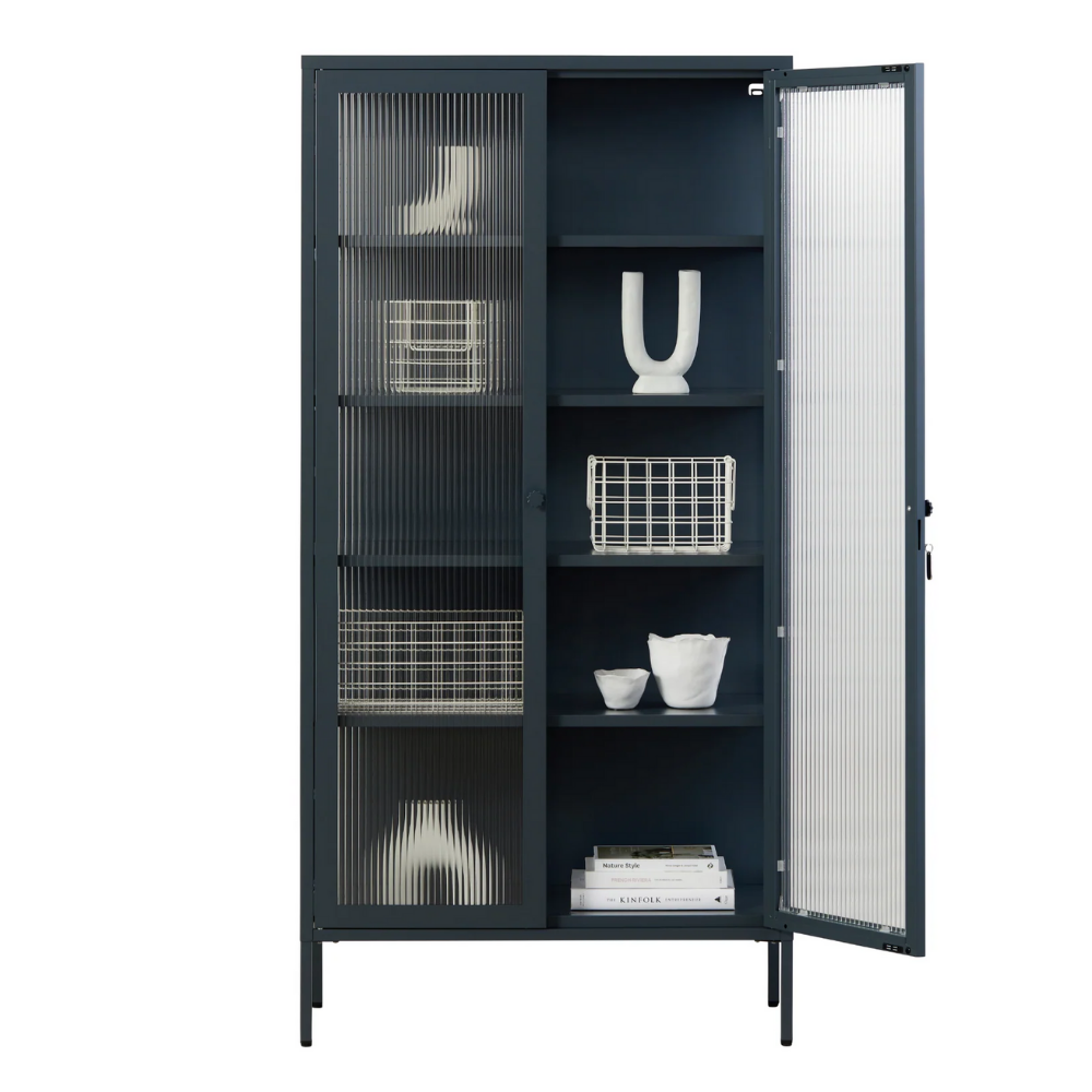 Navy cabinet with glass panels on a white background
