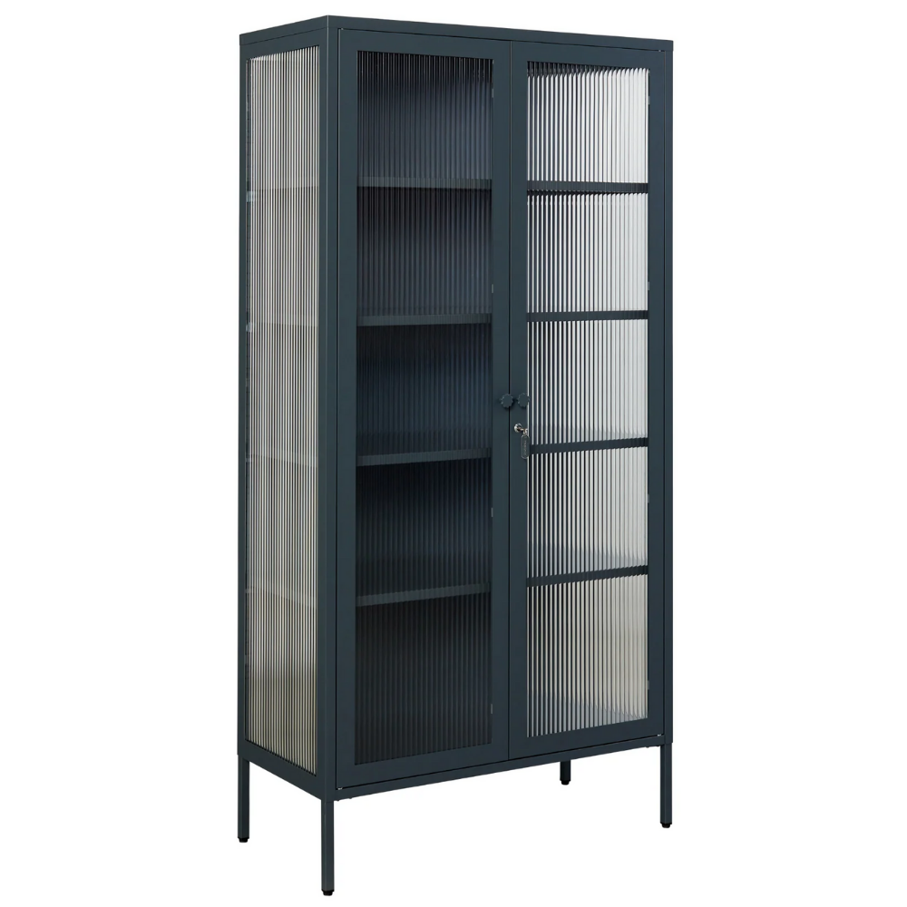 Navy cabinet with glass panels on a white background