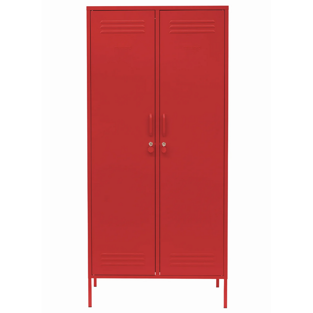Red metal locker with two doors on a white background