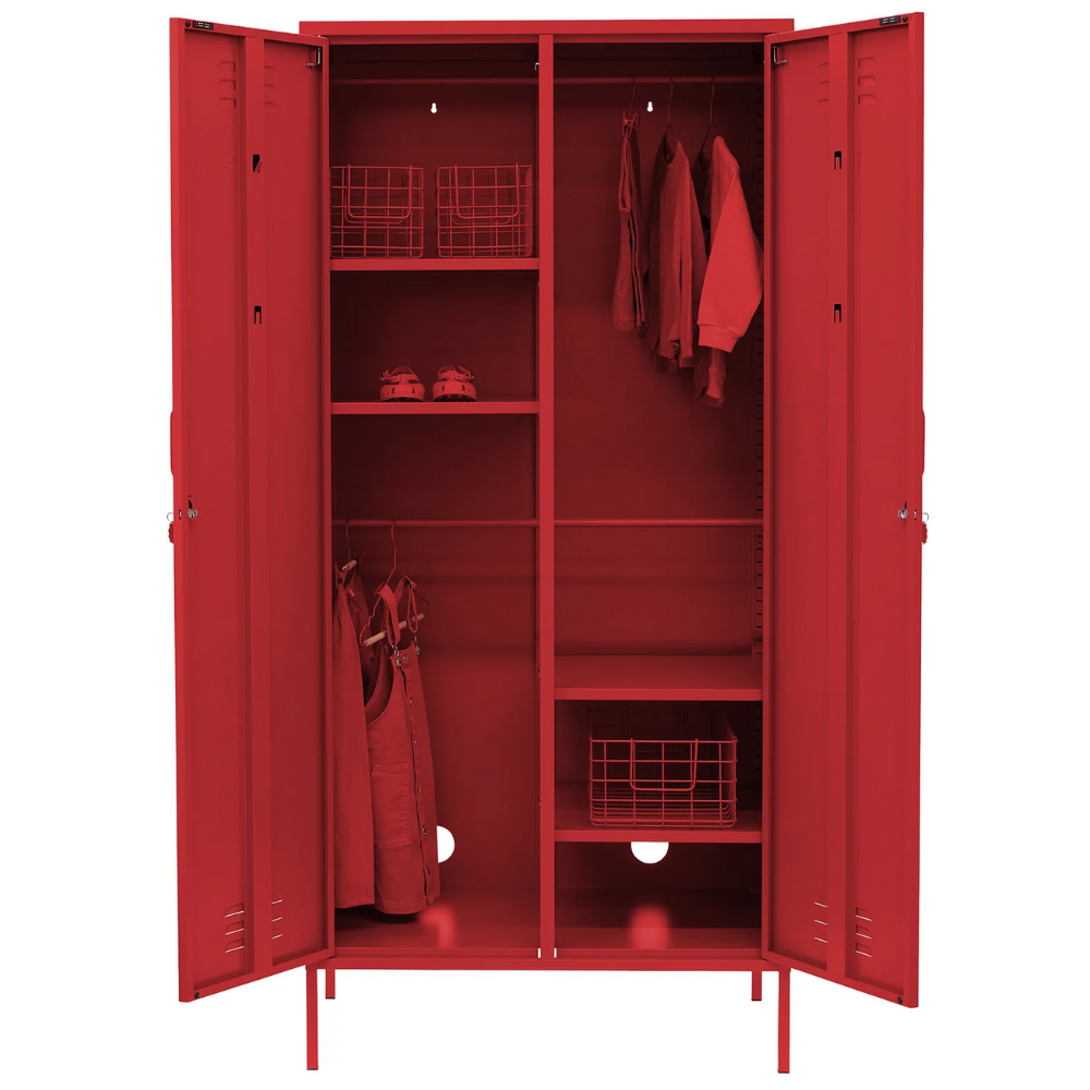 Red locker with open doors showing shelves and clothes inside on a white background