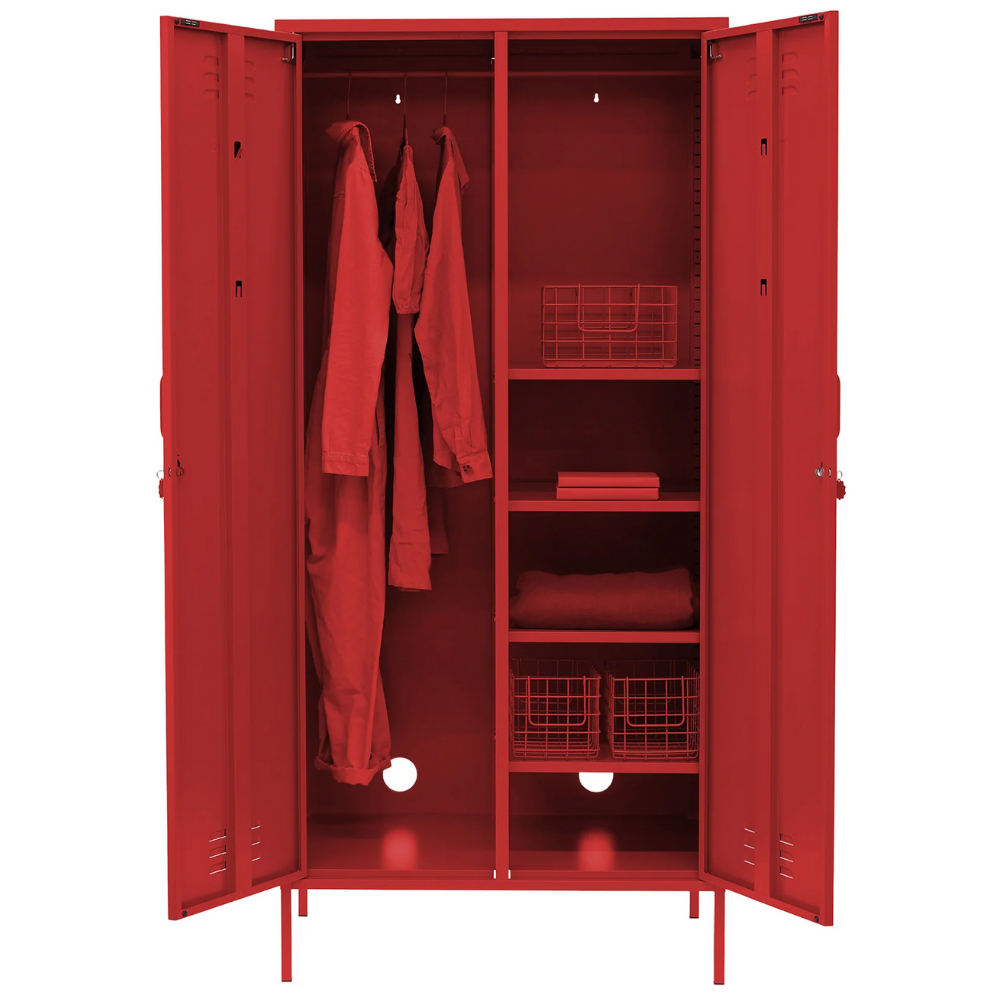 Red locker with clothes and shelves on a white background