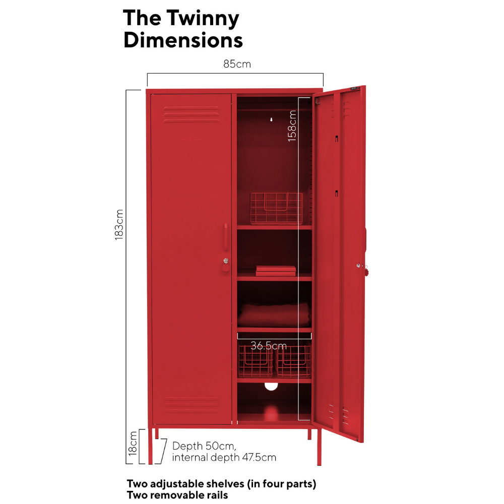 Red locker with dimensions labeled on a white background