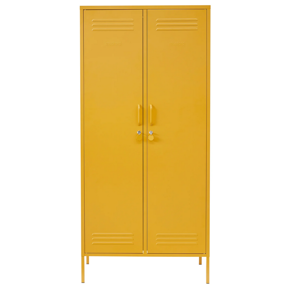 Yellow metal locker with two doors on a white background