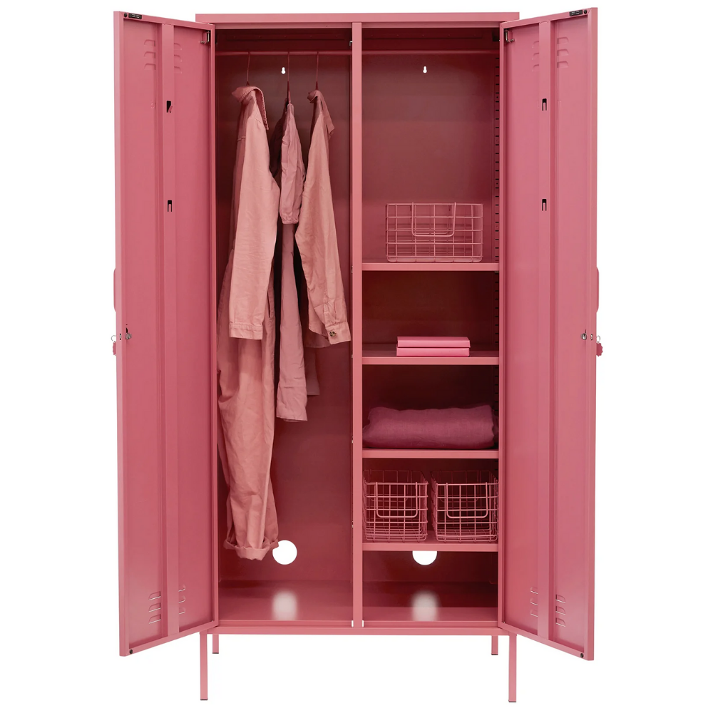 Pink locker with clothes and shelves on a white background