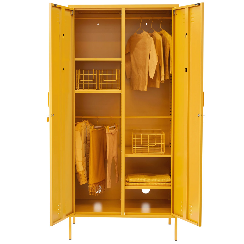 Yellow locker with clothes and shelves on a white background