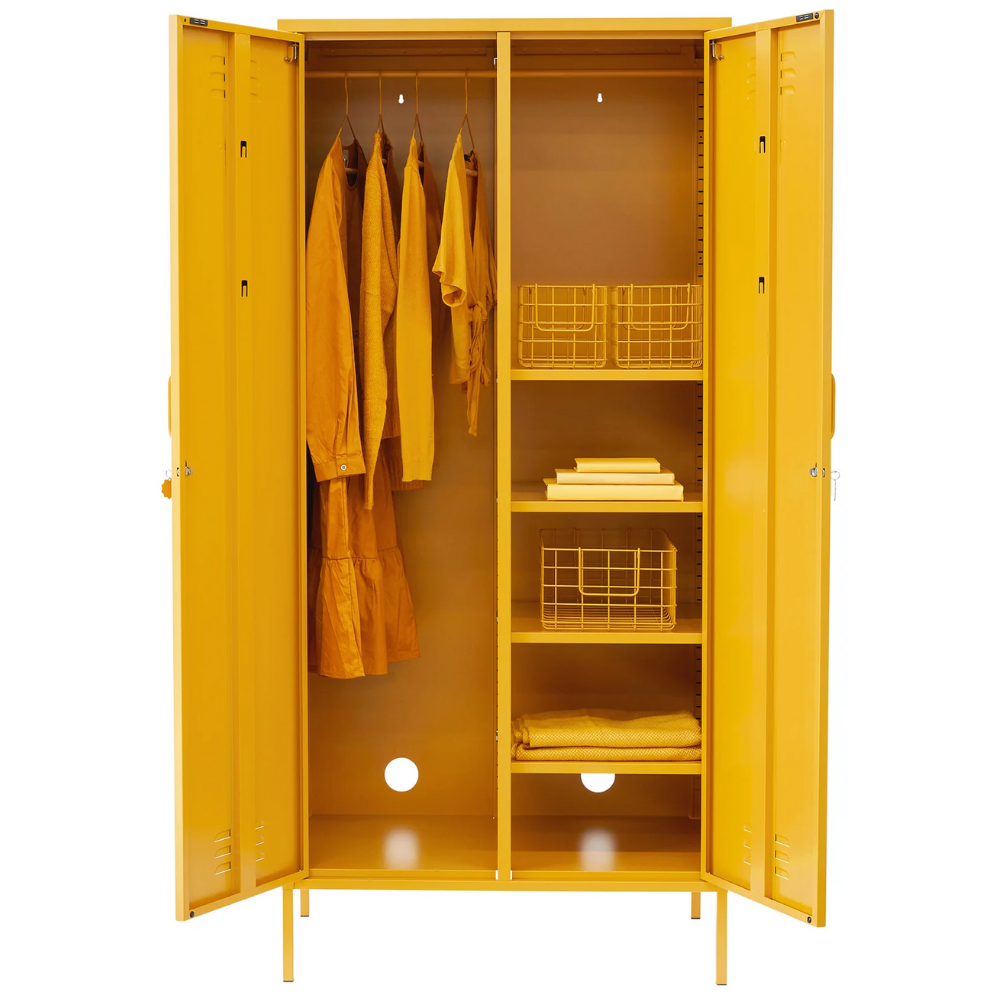 Yellow locker with clothes and shelves on a white background