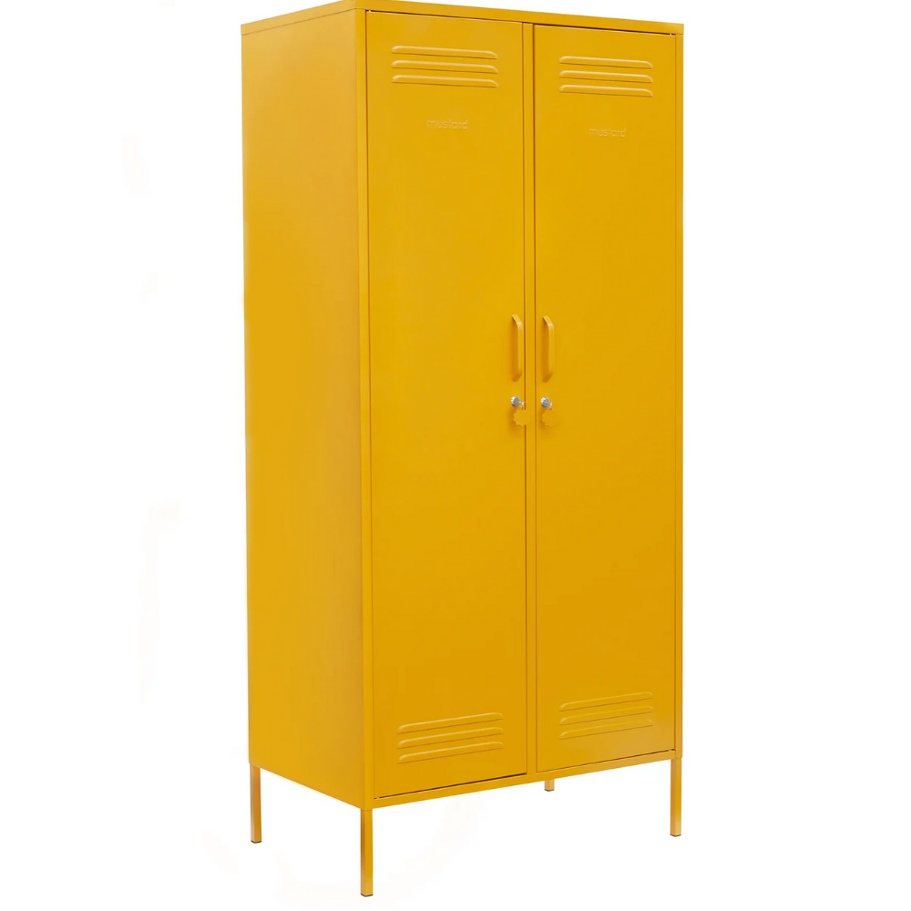 Yellow metal locker on a white background