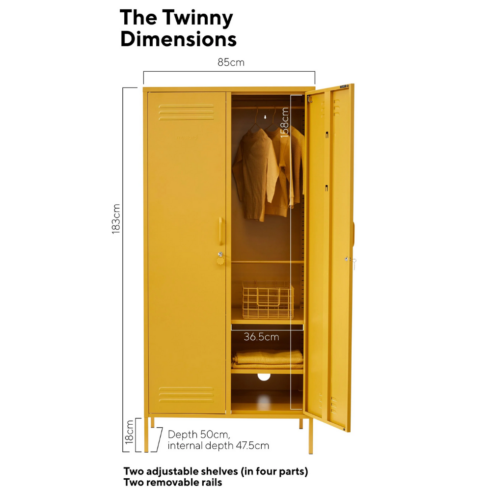 Yellow locker with dimensions labeled on a white background
