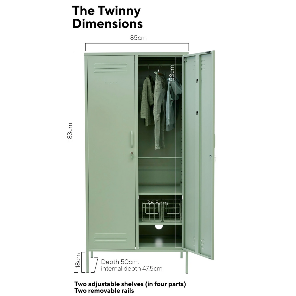 Green locker with dimensions labeled on a white background