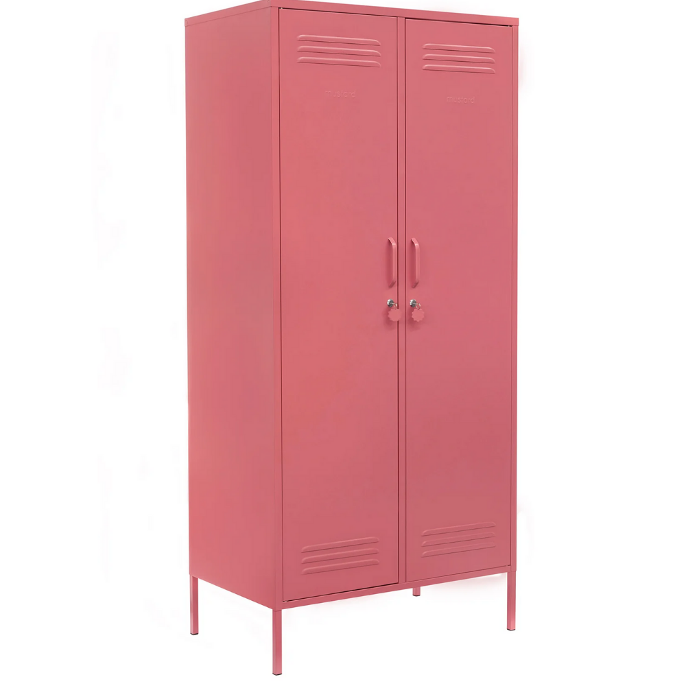 Pink metal locker with two doors on a white background