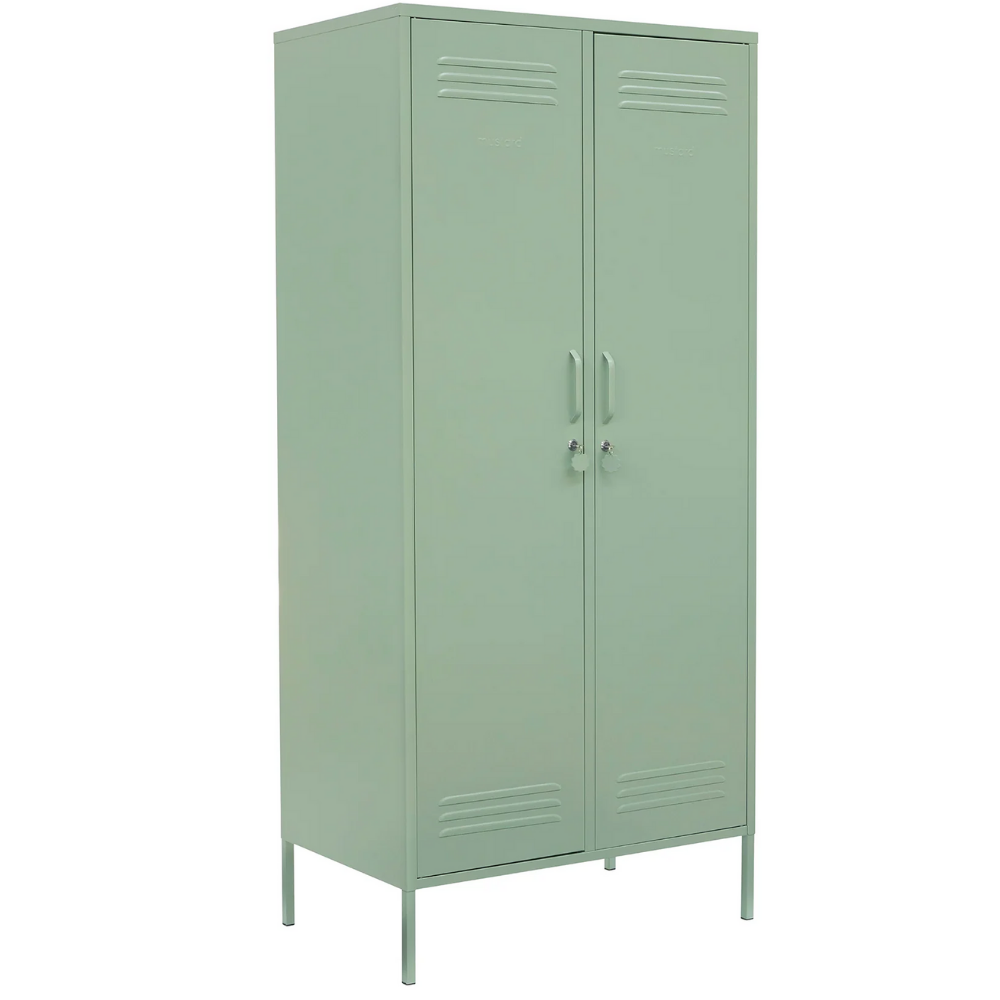 Green metal locker with two doors on a white background