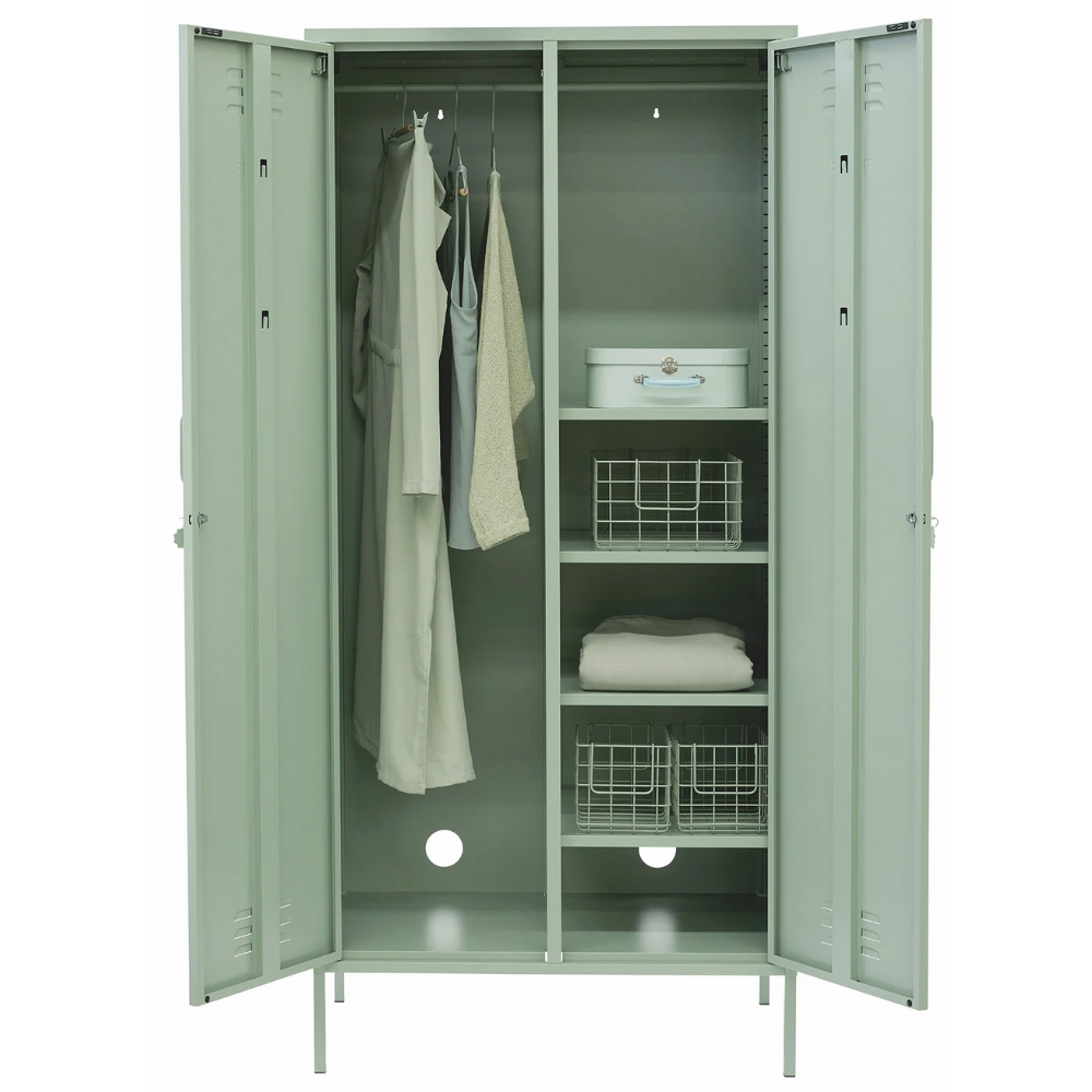Green locker with clothes and storage baskets on a white background