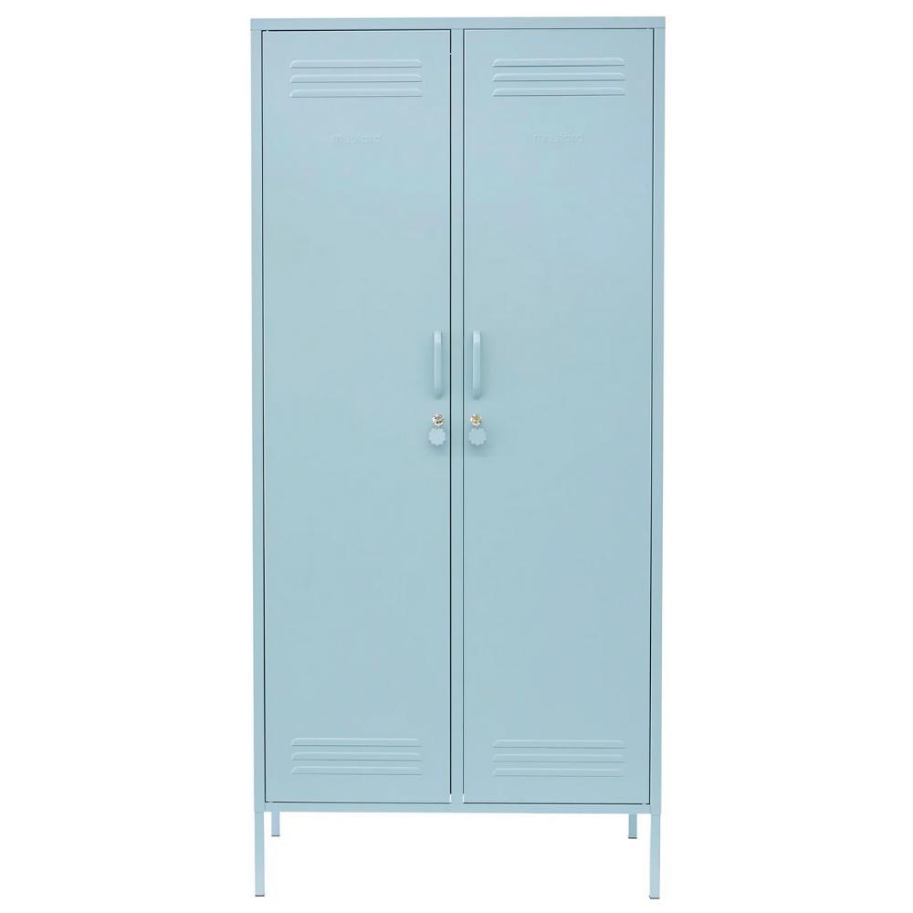 Light blue metal locker with two doors on a white background