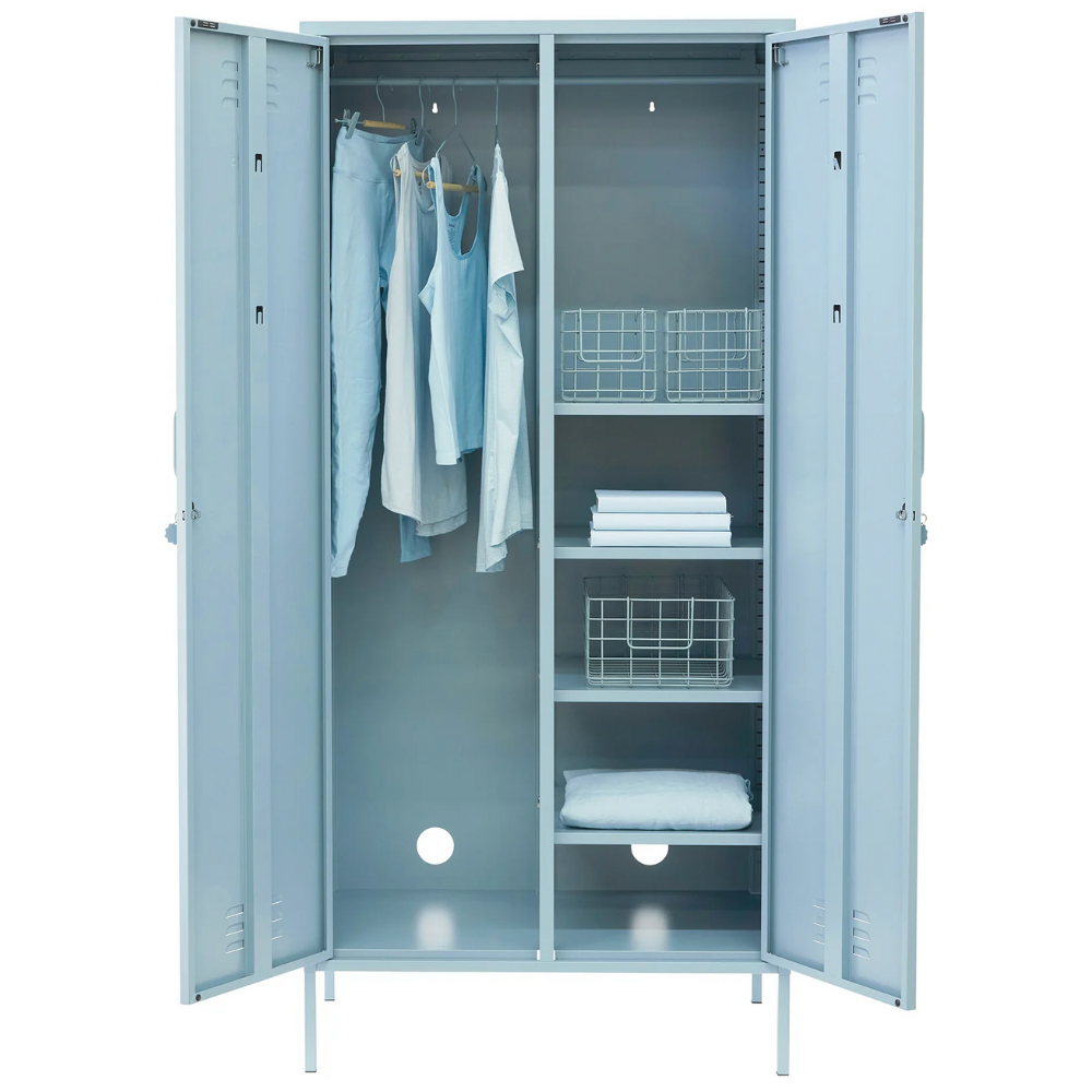 Light blue locker with clothes and shelves on a white background
