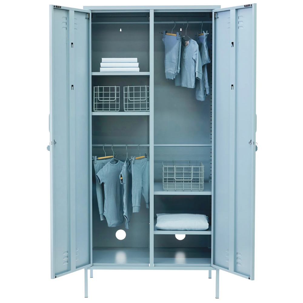 Gray locker with clothes and shelves on a white background