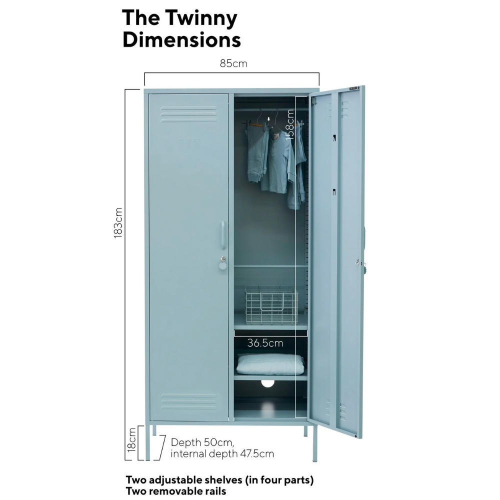 Dimensions of a locker labeled 'The Twinny Dimensions' with measurements and features listed.