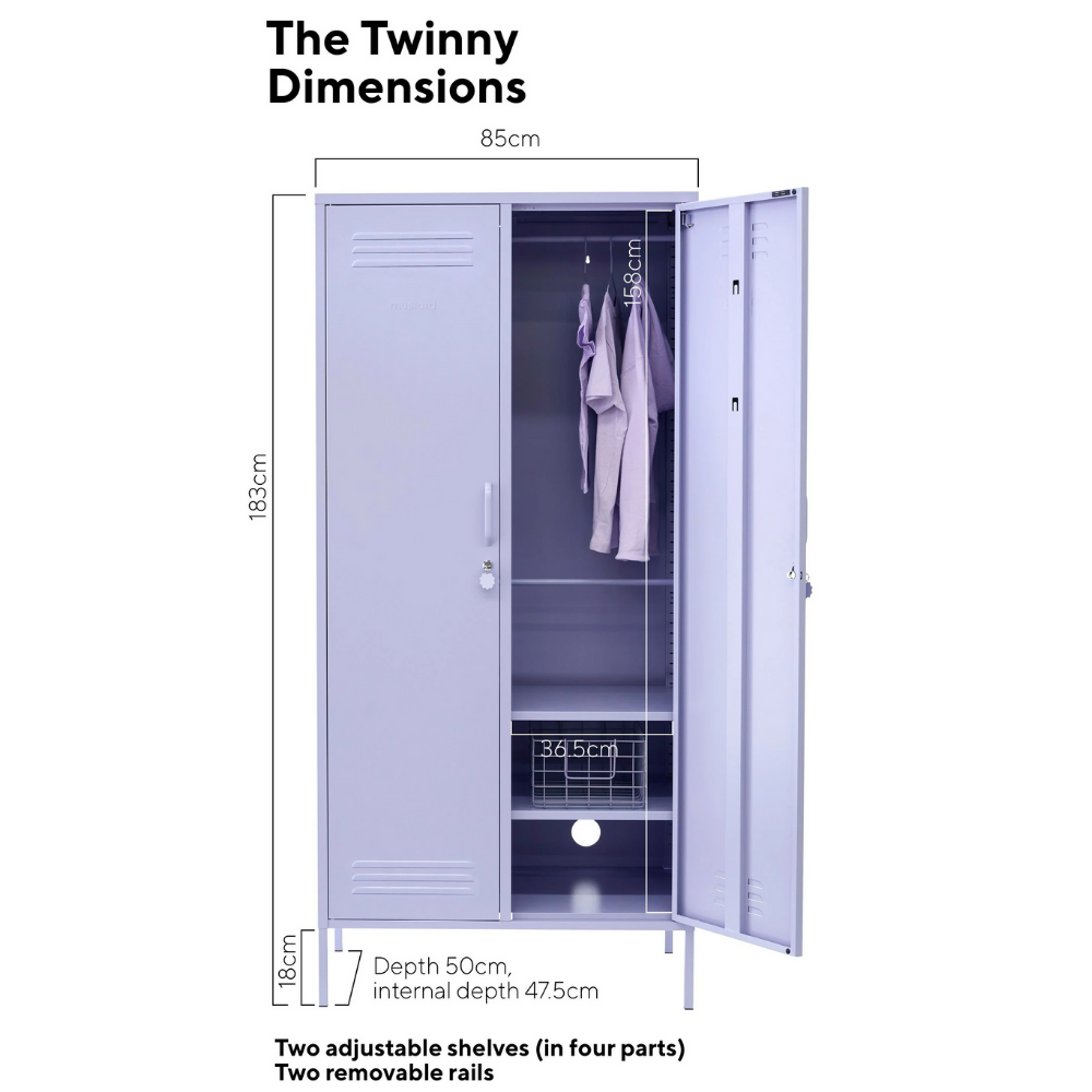 Dimensions of a locker labeled 'The Twinny Dimensions' with open doors showing clothes and shelves.