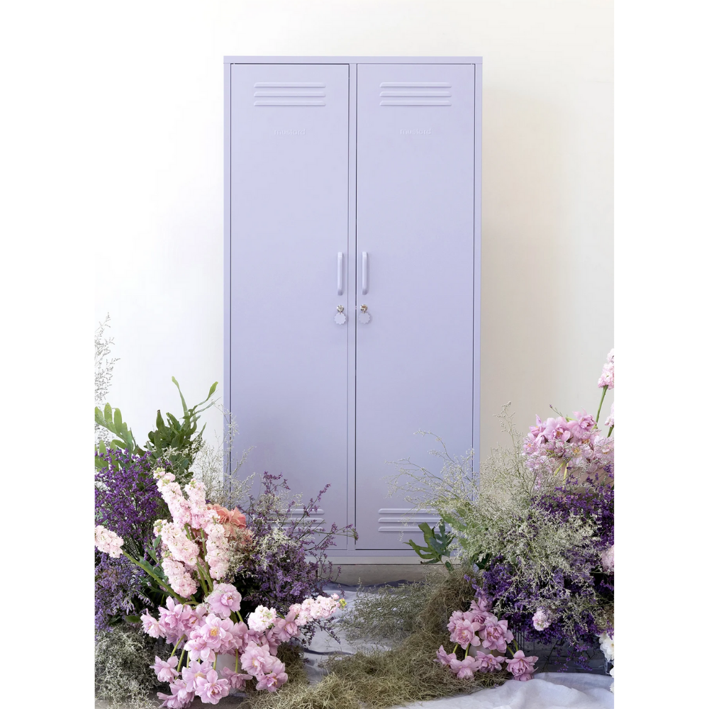 Purple locker with floral decorations on a white background