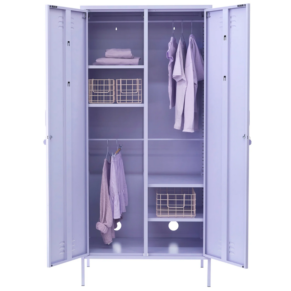 Purple locker with clothes and shelves on a white background