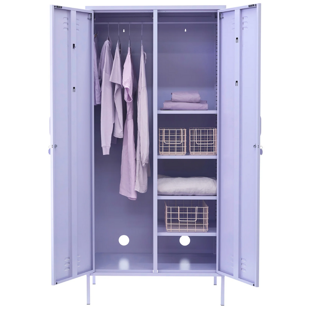 Purple locker with clothes and shelves on a white background