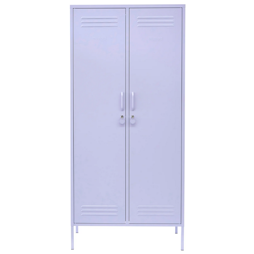 Purple metal locker with two doors on a white background