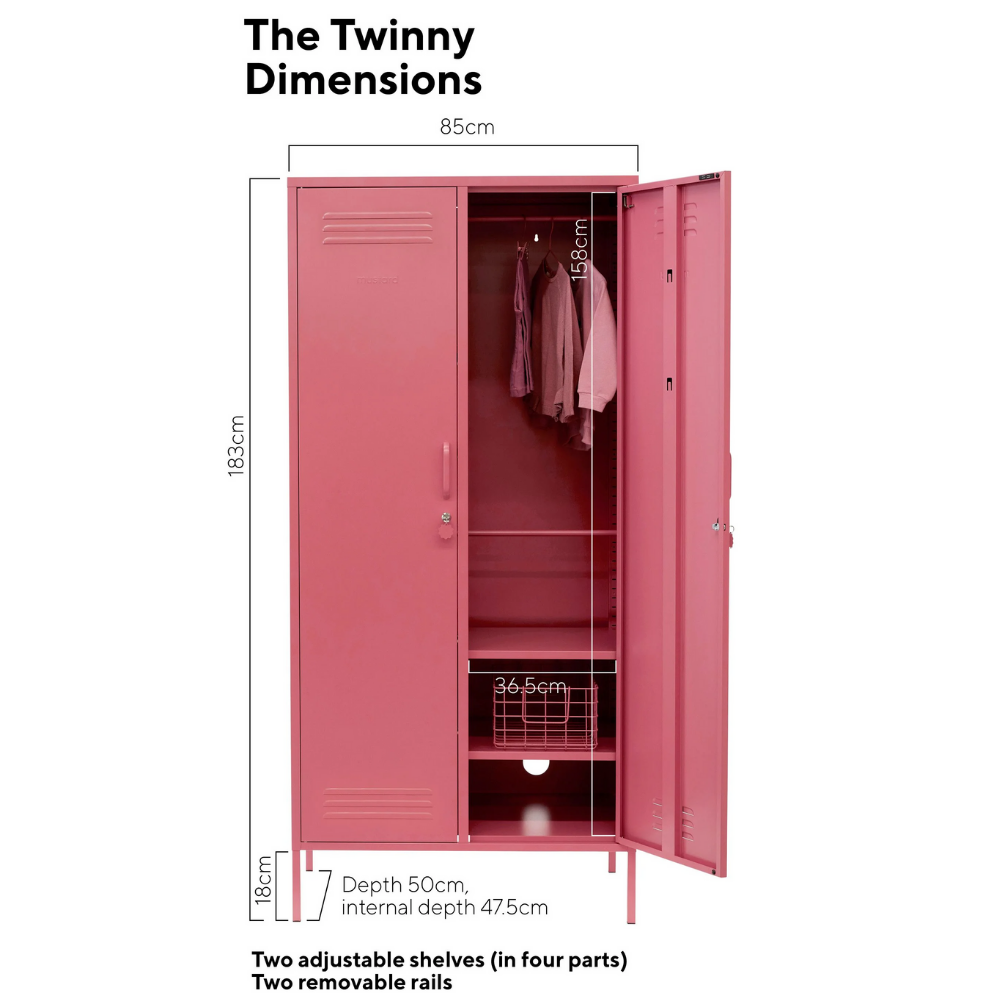 Pink locker with dimensions labeled on a white background