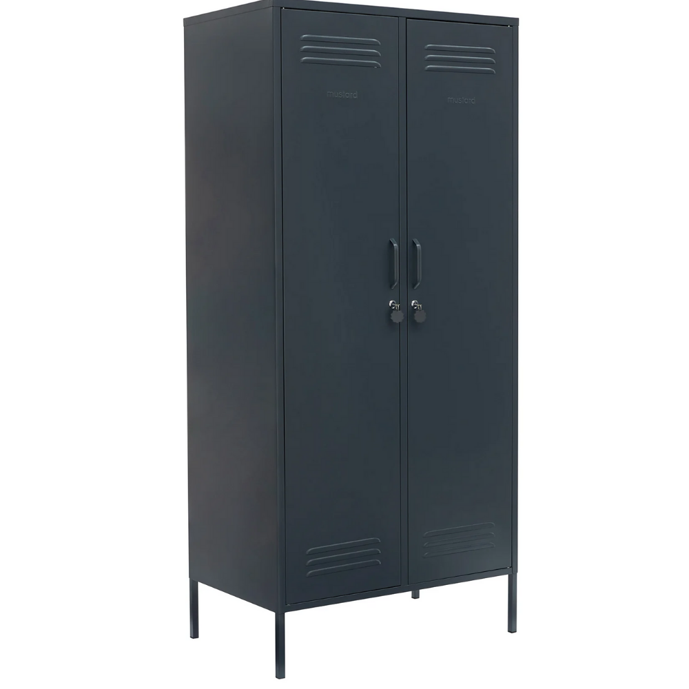 Dark gray metal locker with two doors on a white background