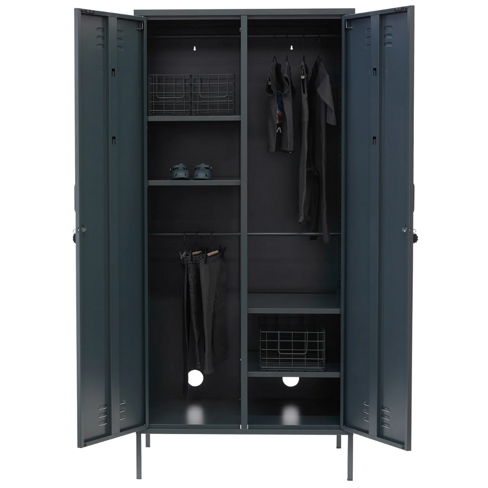 Gray locker with open doors showing shelves and storage compartments.
