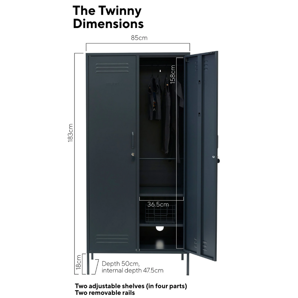 Black locker with dimensions labeled on a white background