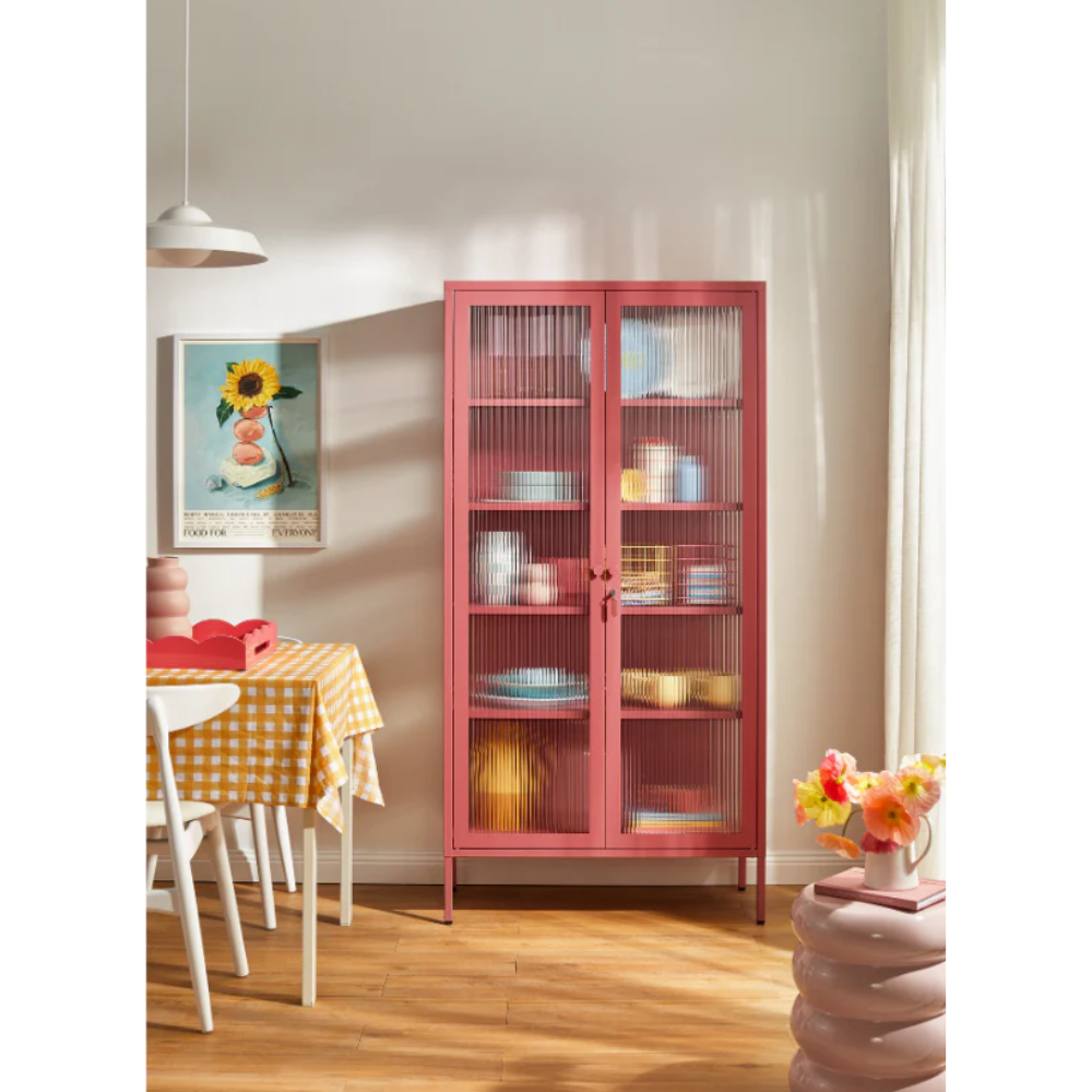 Pink cabinet in a dining room
