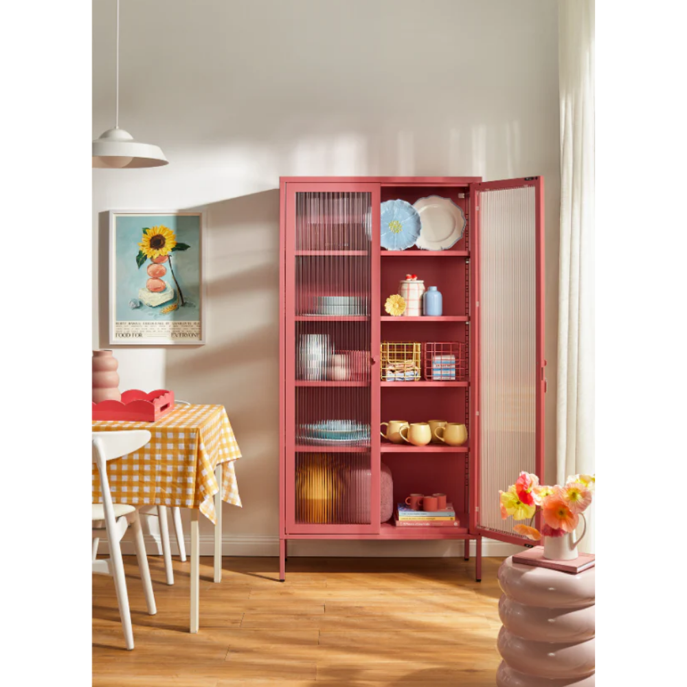 Pink cabinet with a glass door open