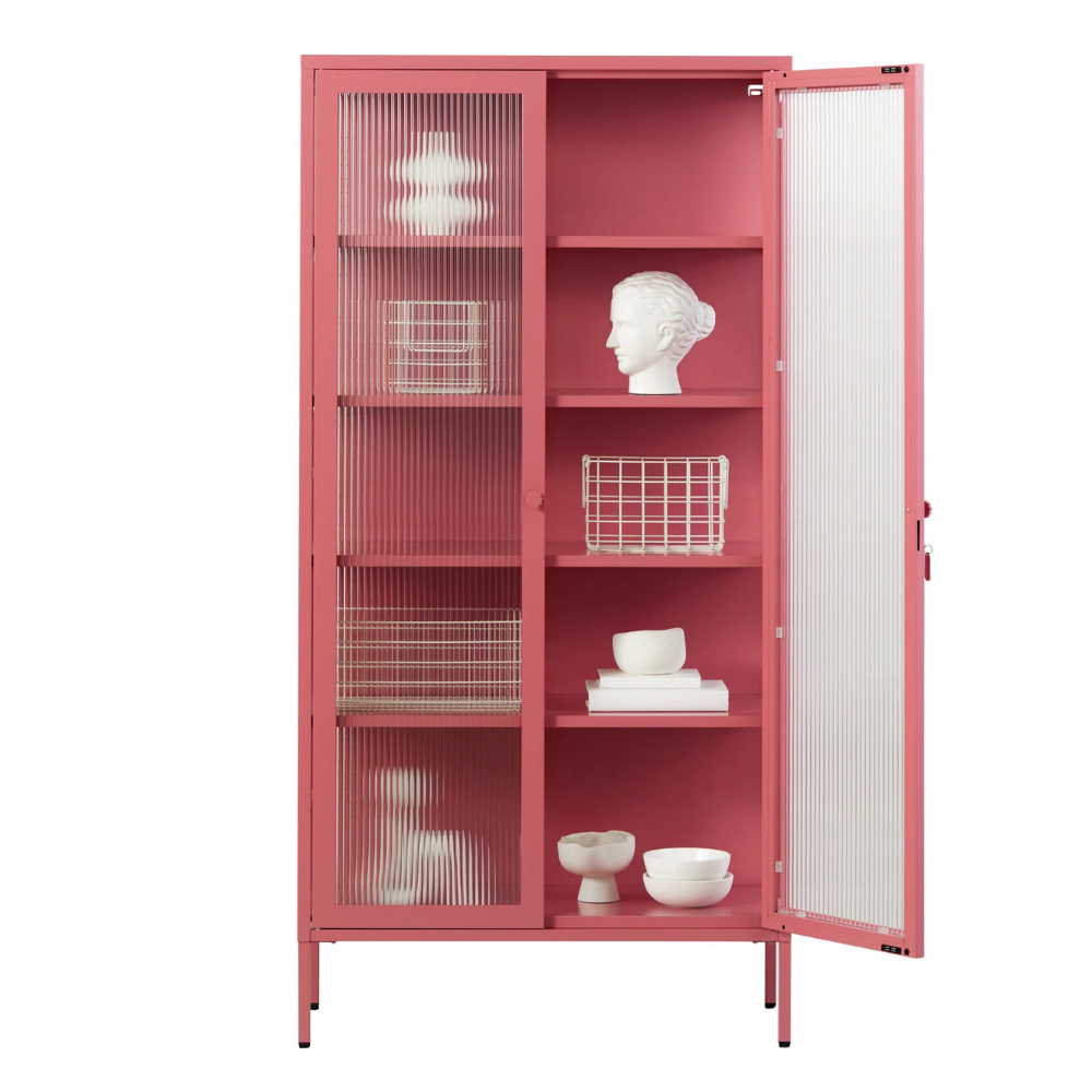 Glass door open on pink berry cabinet