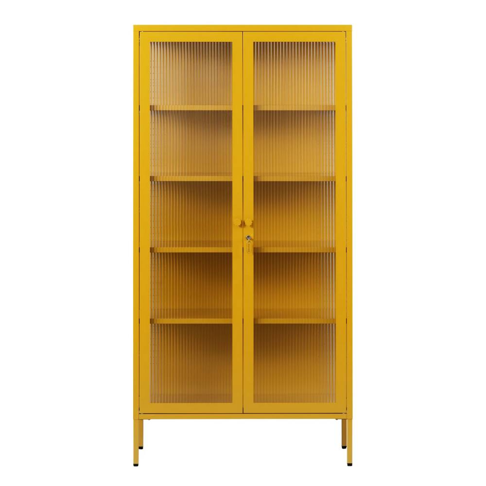 Yellow mustard cabinet with glass panels
