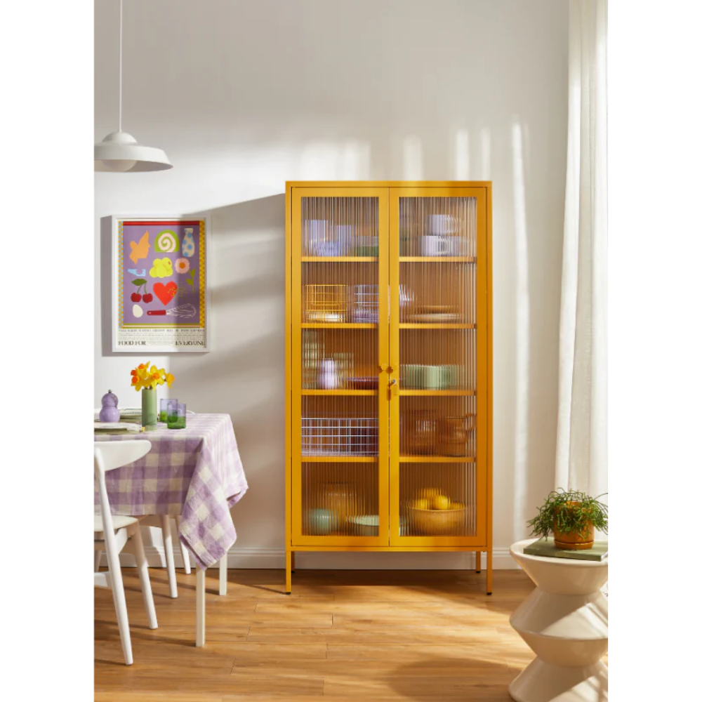 Glass panel cabinet in mustard yellow