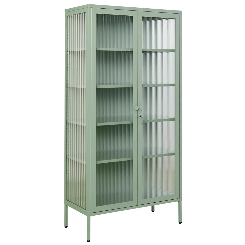 Sage green cabinet with glass panels on a white background