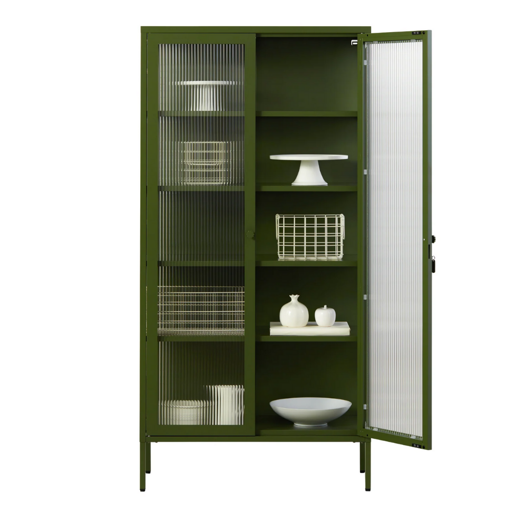 Olive green cabinet with glass panels on a white background