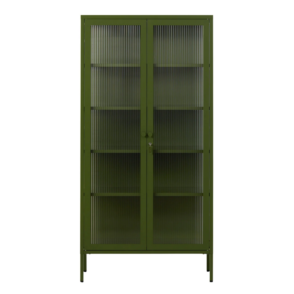 Olive green cabinet with glass panels on a white background