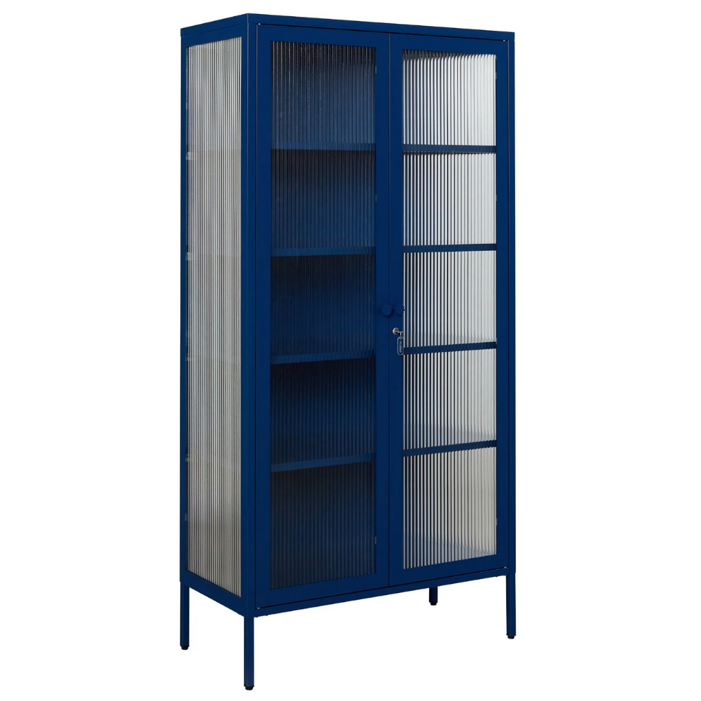 Navy cabinet with glass panels on a white background