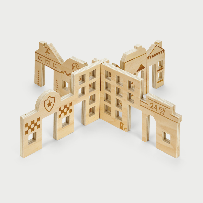 Wooden toy building blocks on a white background